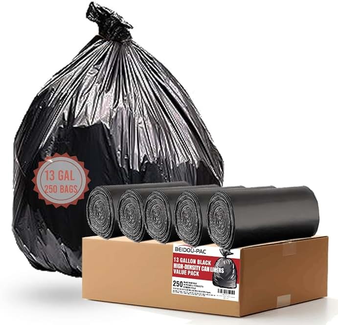 BEIDOU-PAC 13 Gallon Trash Bags, 250 Count Black Tall Kitchen Garbage bags, Multi-purpose Trash Can Bin Liners for Bathroom, Office, Industrial, Commercial, Janitorial, Municipal, Recycling - Product Image