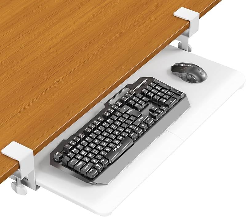 Keyboard Tray Under Desk, Pull Out Keyboard Tray with C Clamp Mount, 25.6" (29.7" Including Clamps) x 11.8" Slide-Out Platform Computer Drawer for Typing, Keyboard & Mouse Tray, White - Product Image