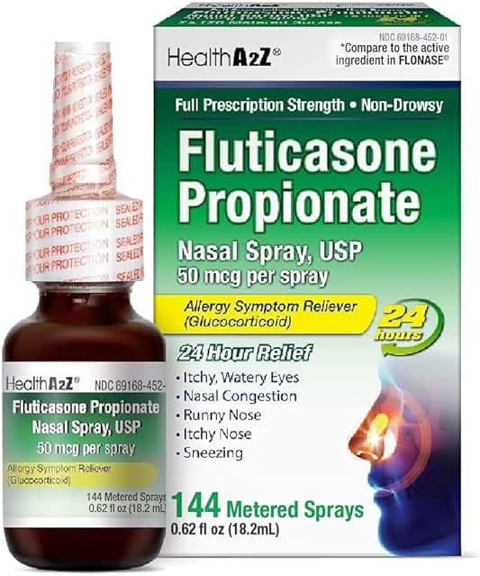 HealthA2Z® Fluticasone Propionate Nasal Spray | 50 mcg per Spray | 24 Hour Allergy Relief | 144 Sprays | 0.62 fl oz. (18.2mL) (0.62 fl oz. (Pack of 1)) - Product Image