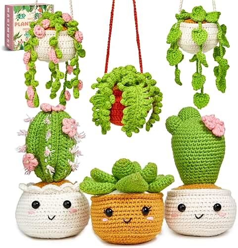 MAGIMUSE Crochet Kit for Beginners, Crochet Starter Kits, Amigurumi Craft Knitting Crocheting Kits with Step-by-Step Video Tutorials, 6 Pack Hanging Potted Plants Family(40%+ Yarn - Product Image