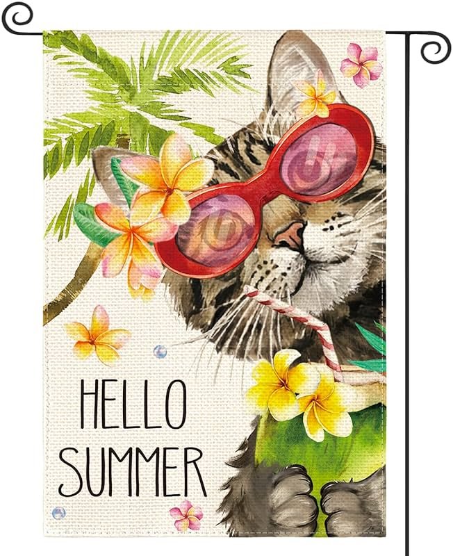 AVOIN colorlife Hello Summer Floral Cat Garden Flag 12x18 Inch Double Sided Outside, Party Holiday Burlap Yard Outdoor Decoration - Product Image