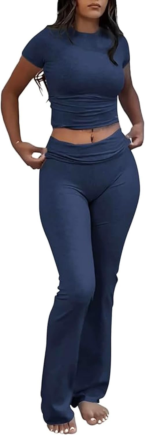 YETOWA Womens 2 Piece Outfits Low Rise Flare Leggings Short Sleeve Top Soft Stretchy Lounge Set Yoga Casual - Product Image