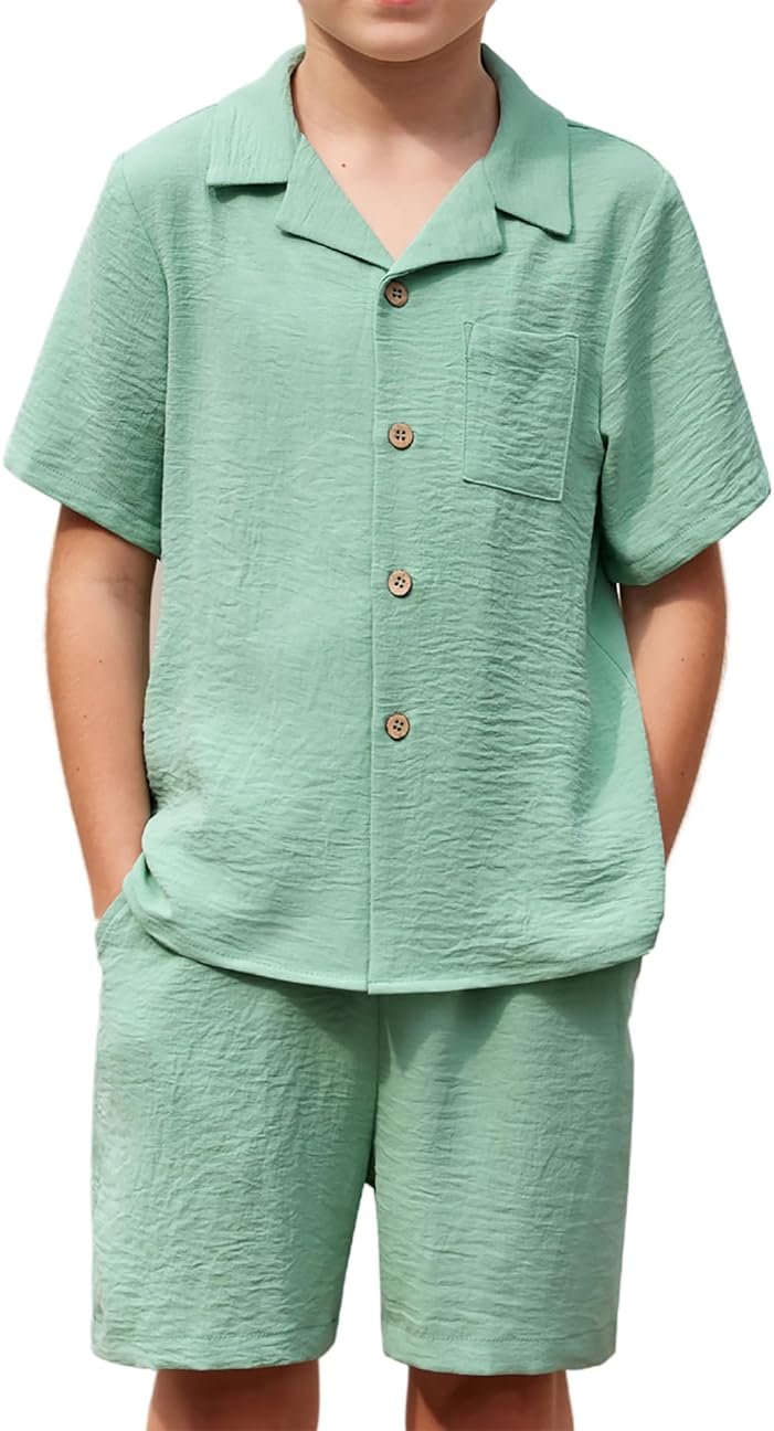 Arshiner Boys 2 Pieces Summer Beach Outfits Short Sleeve Button Down Shirts and Shorts Vacation Texture Sets for Kids - Product Image