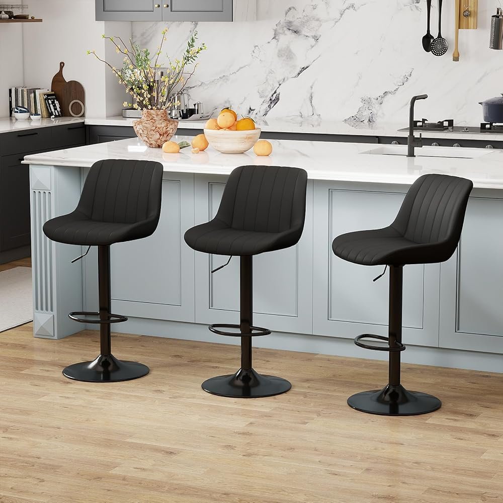 Youhauchair Bar Stools Set of 3, Swivel Counter Height Barstools with Back, Adjustable PU Leather Bar Chairs, Modern Armless Kitchen Island Stool, Black - Product Image
