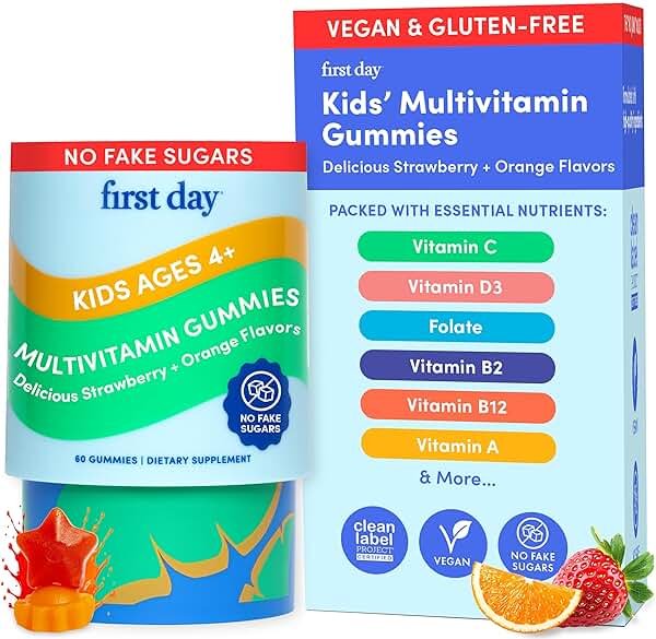 First Day Kids Multivitamin Gummies Age 4+, Strawberry & Orange - Kids Vitamins Multivitamin Gummy A C D3 K2 B1 B2 B6 B12 Folate, Immunity & Brain Function, Vegan - 30 Day Supply, Packaging May Vary - Product Image