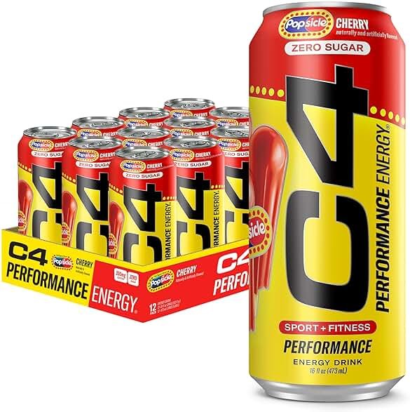 C4 Performance Energy Drink, Cherry Popsicle, Zero Sugar Carbonated Preworkout Energy, 200mg Caffeine with Beta Alanine, 16 Fl Oz (12 Pack) - Product Image