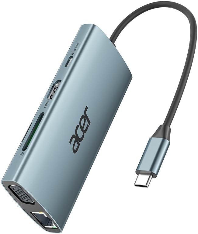 Acer USB C Hub with 4k HDMI, 9-in-1 USB C to Ethernet Adapter, 5Gbps USBA 3.0 Docking Station, VGA Splitter, SD Card Reader, PD 100W Charging for MacBook, Acer, Laptops, Surface and More - Product Image