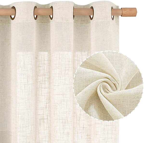 LAMIT Natural Ivory Linen Semi Sheer Curtains 84 inch Length, Cream Light Filtering Soft Thick Neutral Living Room Drapes with Bronze Grommet for Bedroom/Farmhouse, 2 Panels, 52 x 84 Inch - Product Image