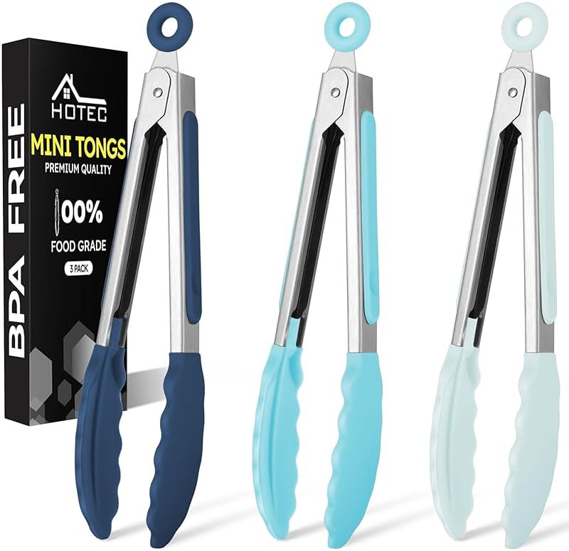 Hotec Mini Silicone Kitchen Tongs for Cooking - 7-Inch Small Serving Tongs with Silicone Tips, Set of 3 (Blue) - Product Image