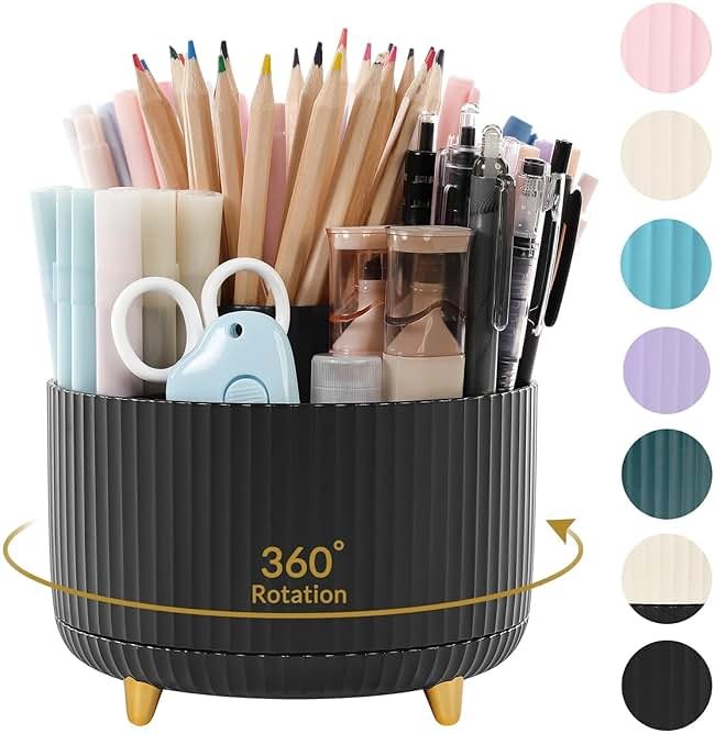 SKYDUE 360 Degree Rotating Desk Organizer, Dual-Purpose Pencil Pen Holder for Desktop, Rotating Desk Pen Organizer with 5 Slots, Office Supplies, Pencil Cup for Office, School, Home - Product Image
