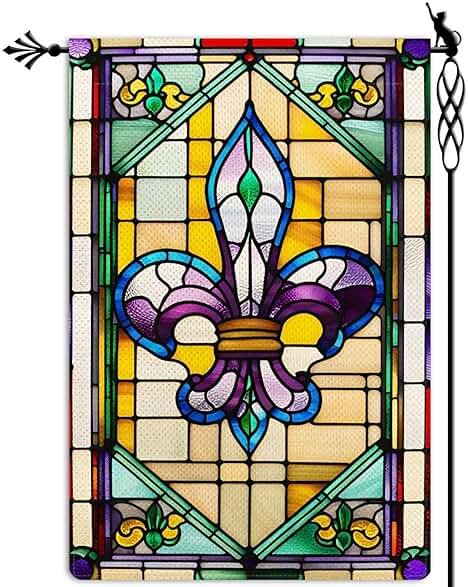 Jauageon Welcome Mardi Gras Garden Flag Fleur de Lis Garden Flag Glass Style Welcome New Orleans Vertical Double Sided Rustic Farmland Burlap Yard Lawn Outdoor Decor 12.5x18" - Product Image