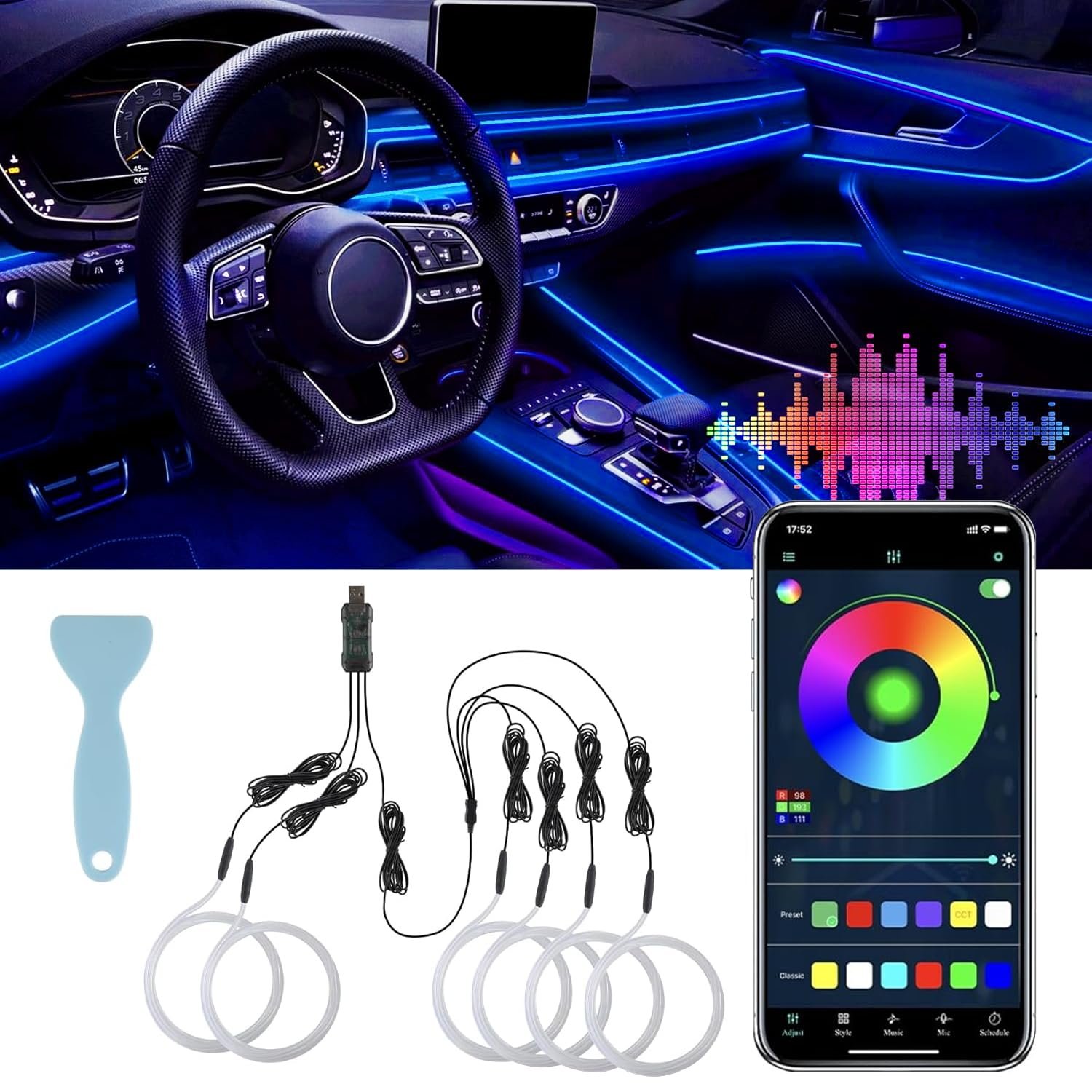 LivTee Smart LED Car Lights Interior with USB Port, LED Strip Fiber Optic Ambient Lighting Car, Wireless App Control, Sync to Music, Car Decorations Interior Accessories Gifts for Women Men, 6 in 1 - Product Image