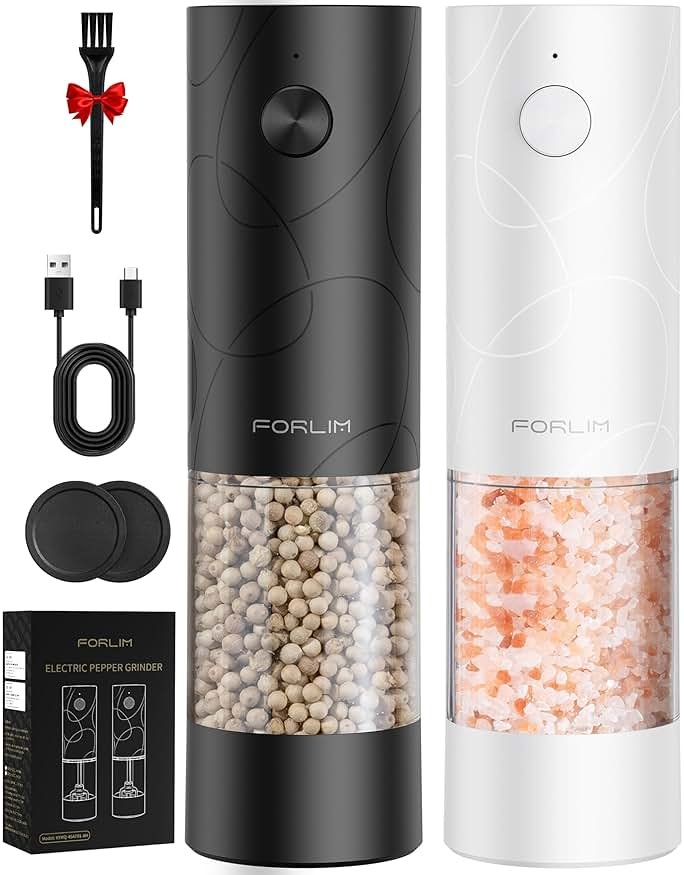 FORLIM Electric Salt and Pepper Grinder Set, USB Rechargeable, Automatic Salt Pepper Mill Grinder with Dust Cover, One-Button Control, Adjustable Coarseness, White LED Light (2 Packs, Black&White) - Product Image