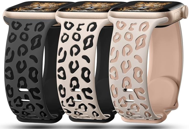 3 Pack Leopard Engraved Bands Compatible with Apple Watch Band 41mm 40mm 38mm 42mm 44mm 45mm 46mm 49mm Women, Soft Silicone Cheetah Embossed Sport Strap for iWatch Series 10 9 8 7 6 5 4 3 2 1 Ultra - Product Image