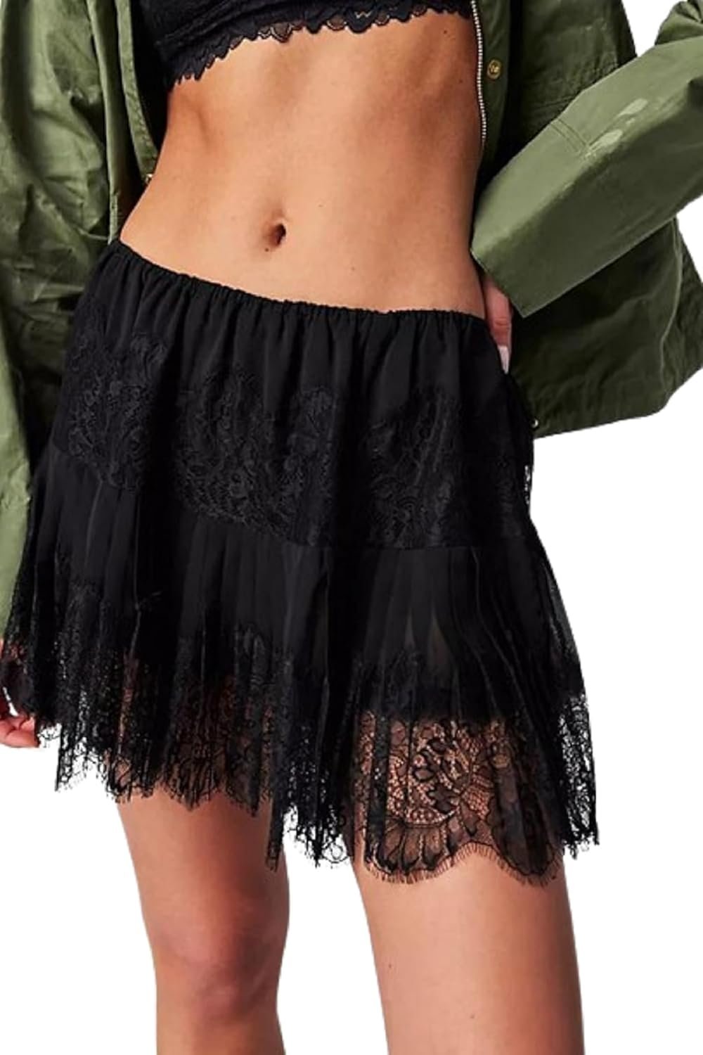 Women Y2k Lace Mini Skirt Low Rise Pleated Ruffle Half Slip Skirt Layered Flowy Short Skirt Streetwear - Product Image