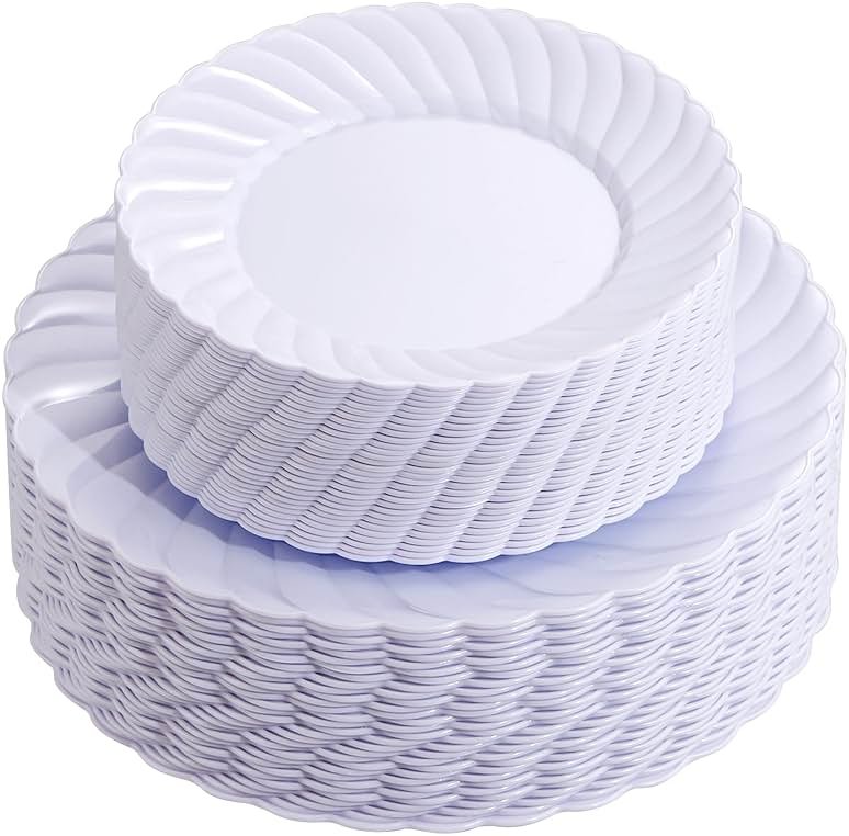 U-QE 100 Pieces White Plastic Plates - Premium White Disposable Plates for Wedding and Party Use Including 50PCS 9 '' Dinner Plate & 50PCS 6.5 '' Dessert Plate - Product Image