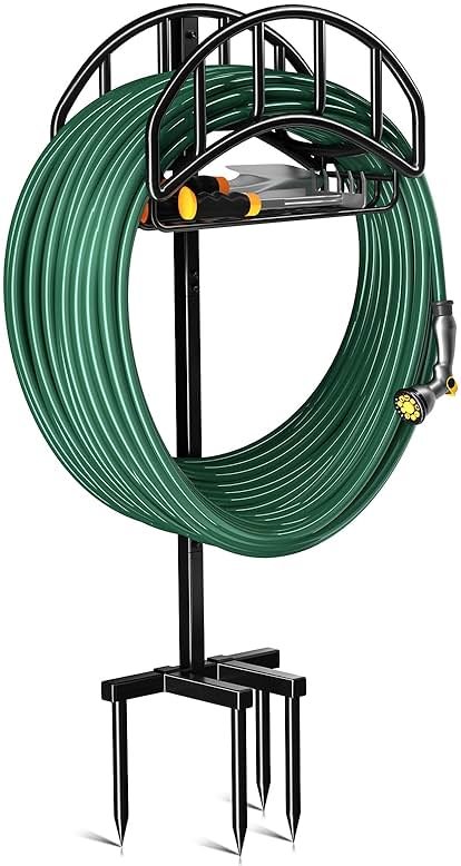 Kesfitt Garden Hose Holder Stand with Tool Storage Basket & 4 Spikes, Detachable Heavy Duty Metal Freestanding Outdoor Organizer for Lawn Yard Water Storage Rack - Product Image