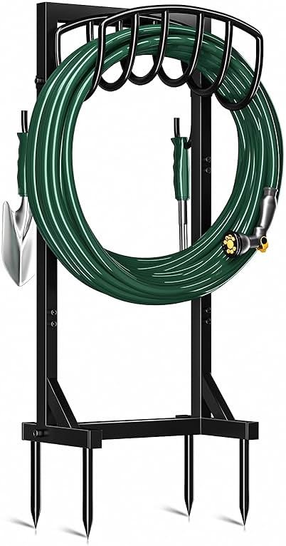 Kesfitt Garden Hose Holder Stand with 4 Spikes & 2 Tool Hooks, Detachable Heavy Duty Metal Freestanding Hose Reel Outdoor Organizer for Lawn Yard Water Storage Rack - Product Image