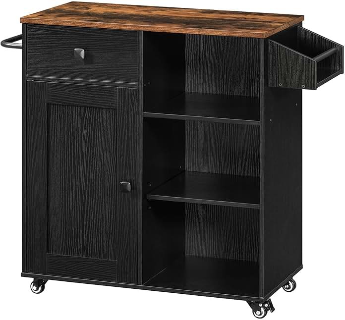 HOOBRO Kitchen Island, Storage Cabinet with Drawer, Kitchen Cart with Spice and Towel Rack, Saving Space, Easy Assembly, for Living Room, Rustic Brown and Black FB12ZD01 - Product Image