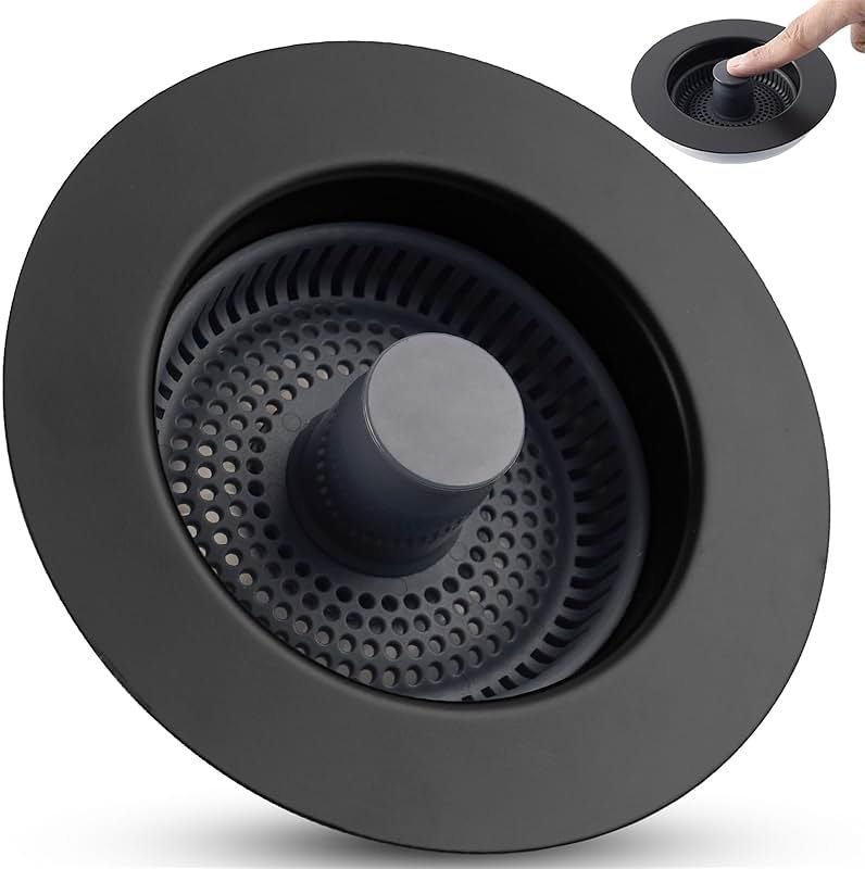 Universal 3 in 1 Kitchen Sink Drain Strainer Stopper Combo, Black Stainless Steel Shell Pop Up Sink Stopper for US Standard 3-1/2 inch Drain Filter, Anti-Clog and Easy Clean, Matte Black - Product Image