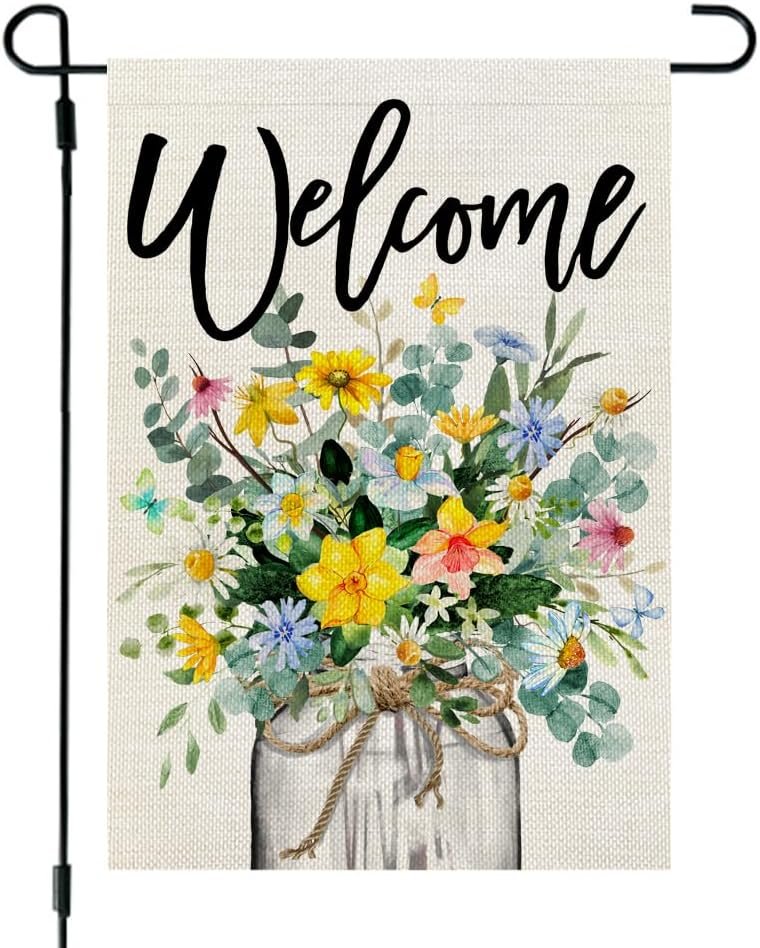 CROWNED BEAUTY Spring Floral Garden Flag Mason Jar 12x18 Inch Double Sided Small Burlap Seasonal Holiday Flag for Outside Yard Welcome CF1377-12 - Product Image