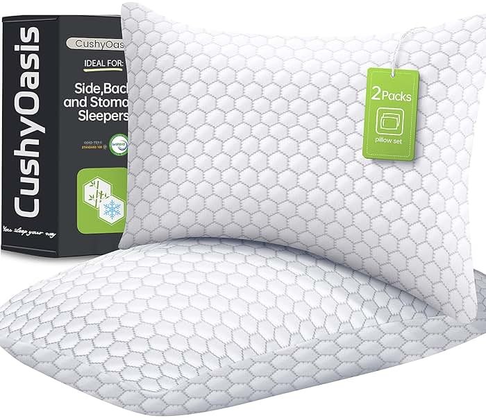 CushyOasis Cooling Pillow for Sleeping, Pillows Queen Size Set of 2, CertiPUR-US Shredded Memory Foam Pillows for Hot Sleepers, Adjustable Firm Pillow for Side, Back, Stomach Sleepers, Gray - Product Image