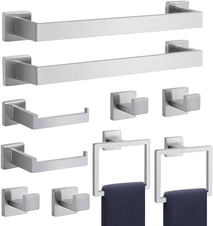 Bathroom Accessories Towel Bar Set: 10 Pieces Brushed Nickel Square Bathroom Hardware SUS304 Stainless Steel - Wall Mounted Towel Rack&Toilet Paper Holder&Towel Ring and Towel Hook - Product Image