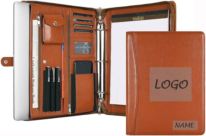 Brown Leather Padfolio for Women/Men, Business Leather Binder 3 Ring Portfolio, Personalized Leather Portfolio Binder, Zippered Portfolio Organizer for A4 Notepad & 13-inch Laptop/Tablet - Product Image