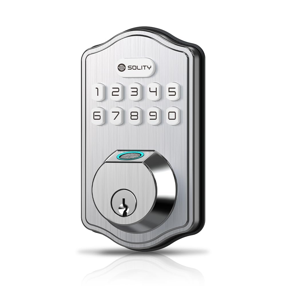 Solity Smart Digital Electronic Deadbolt Door Lock, Keyless Entry, Auto Lock, 50 Custom Codes & Fingerprints, Easy Installation, Keypad for Front & Back Door, AT10 (Satin Nickel) - Product Image