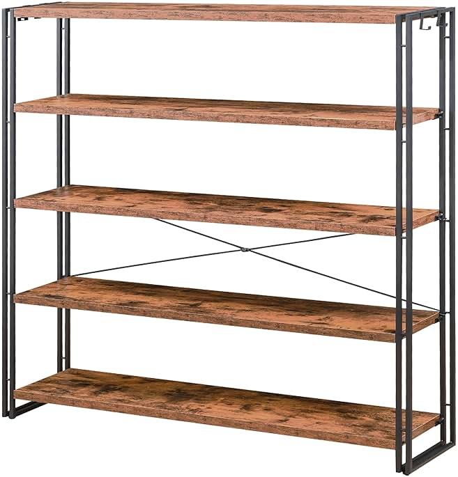 HCHQHS Bookshelf, 5-Tier Industrial Bookcase, Rustic Open Book Shelf, Freestanding Tall Bookshelves with Metal Frame - Product Image