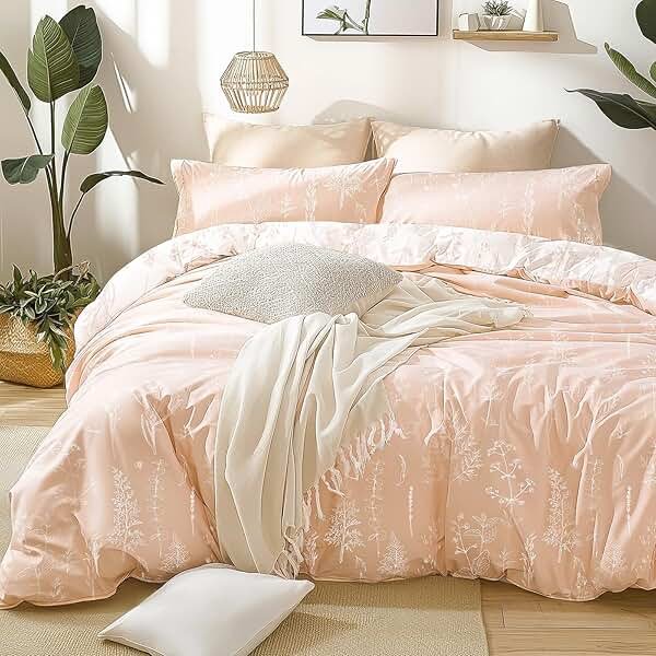 Love's cabin Pink Queen Comforter Set - Queen Size Comforter Set, 3 Pieces Cute Floral Bedding Sets for All Seasons,1 Soft Reversible Botanical Flowers Comforter and 2 Pillow Shams - Product Image