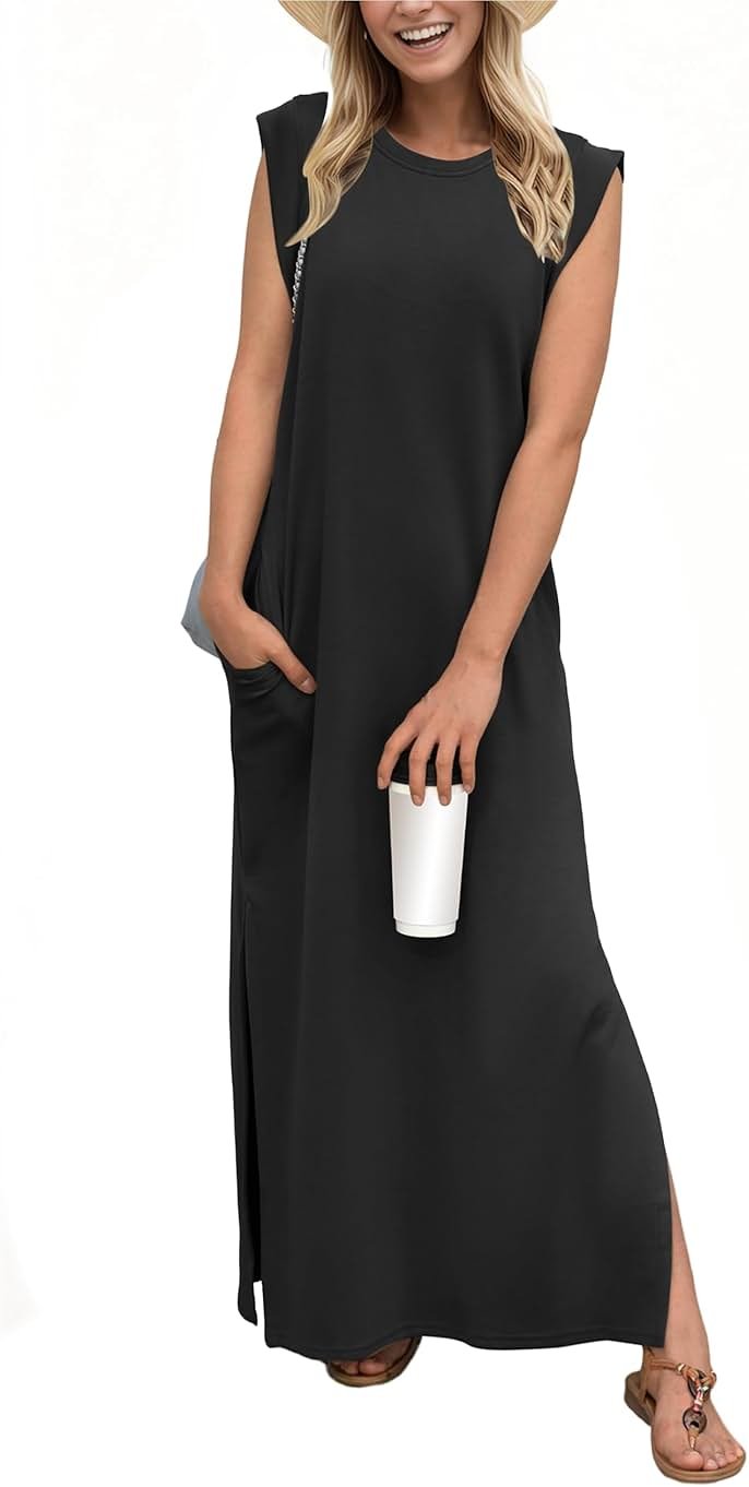 GRECERELLE 2026 Women Year-Round Casual Round Neck Loose Split Wrinkle-Free Long Maxi Vacation Dress with Pockets (XXS-4XL) - Product Image