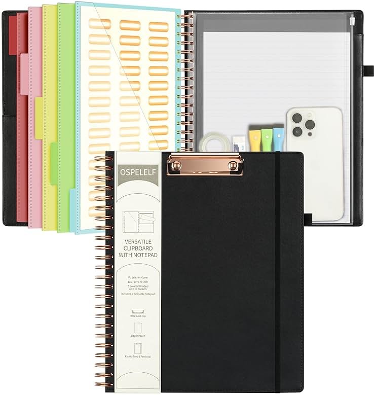 Ospelelf Leather Clipboard Folio with Notepad for Letter Size, Spiral Clipboard Folder with Storage Zipper Pouch, 5 Folders with 10 Pockets, 39 Divider Label Stickers, Pen Loop Series (Black) - Product Image