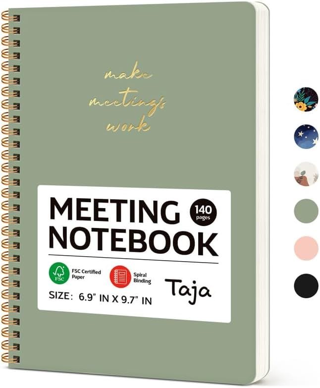 Taja Meeting Notebook for Work Organization - Work notebook with action items, Meeting Minutes Planner Notebook, Perfect Office Supplies for Men & Women - Green - Product Image