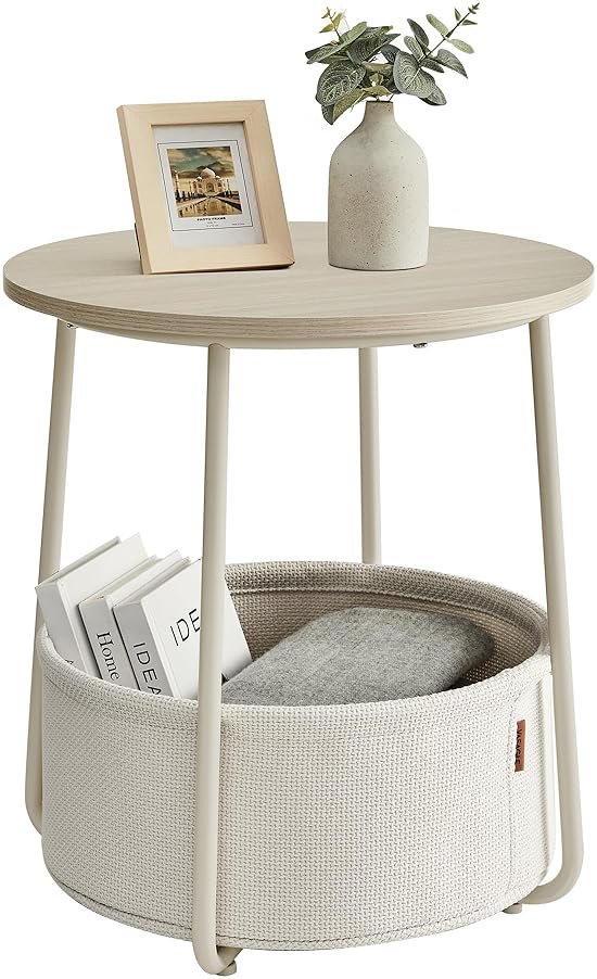 VASAGLE LILEA Collection - Small Round Side End Table, Modern Nightstand with Fabric Basket, Cream White ULET223K67 - Product Image
