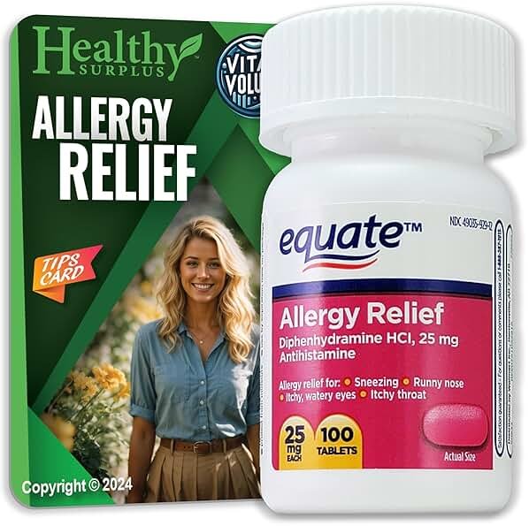Healthy Surplus® Vital Volumes Tips Card & Equate Allergy Relief Diphenhydramine HCL, 25 mg 100 Tablets Bundle - Product Image