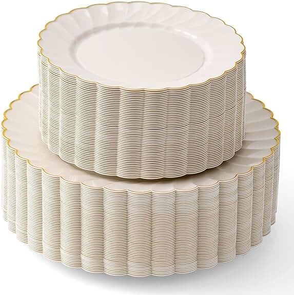 By Madee HEAVYWEIGHT 100 Pc Scalloped Ivory Gold Plastic Plates for Party | 50 Dinner & 50 Dessert Plates Disposable Heavy Duty | Elegant & Fancy for Wedding, Baby Shower, Bridal Shower 50 Guests - Product Image
