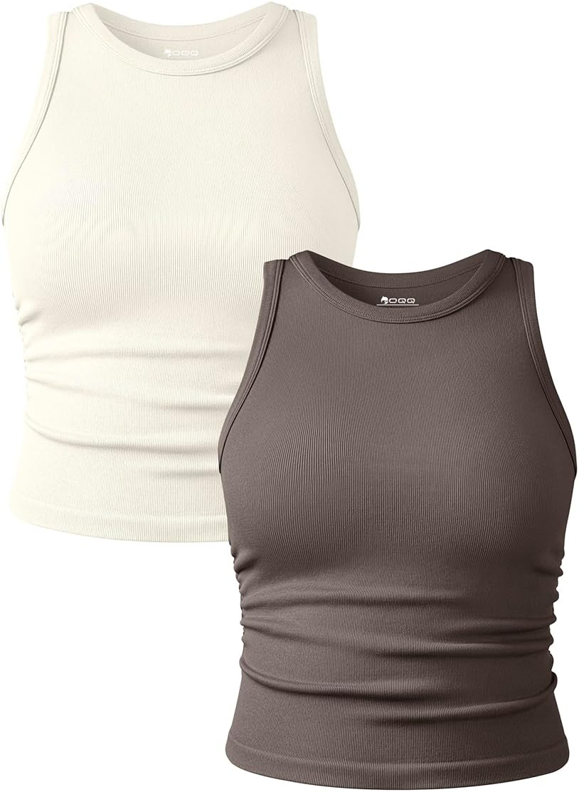 OQQ Women's 2 Piece Tank Tops Crew Neck Sleeveless Basic Stretch Casusal Yoga Crop Camis - Product Image