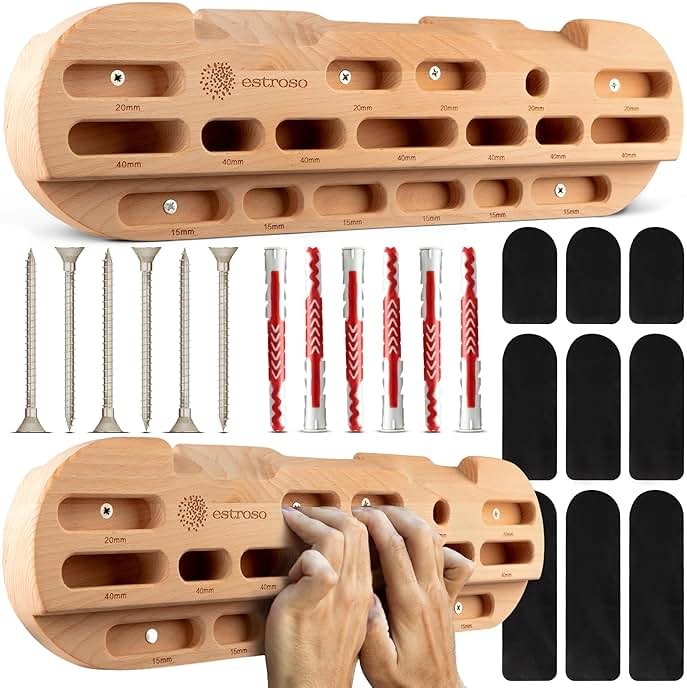 ESTROSO Wooden Hangboard - Training Hang Board with Adjustable Grip Depths, Grip Strengthener, Forearm Exerciser, Pull Ups - Climbing Fingerboard with Installation Kit - Product Image