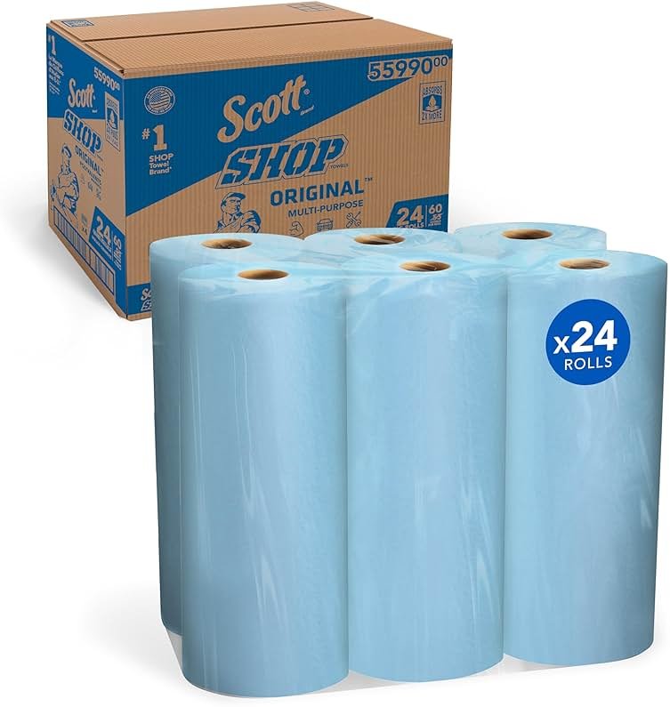 Scott Shop Original Blue Towels (55990), Large 9.4”x11 Cloth-like Paper Towel, 4 packs of 6 (60 Sheets/Roll, 24 Big Rolls/Case, 1,440 Sheet Total) - Product Image