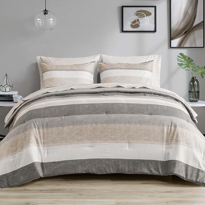 Madison Park Essentials Queen Comforter Set, Bed in A Bag Comforter & Sheet Set, Modern Casual Stripes Print, All Seasons, Soft Microfiber Bedding Makeover, Matching Shams, Queen Taupe/Grey 7 Piece - Product Image