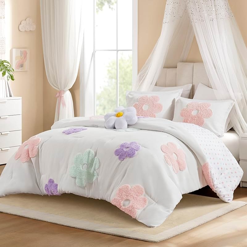 Intelligent Design Kids Full Comforter Set for Girls, Tufted Chenille Floral Comforter Set Queen, Lightweight Polka Dot Reversible Bed Set, Shams, Pillow, Gracie, Full/Queen White/Purple 4 Piece - Product Image