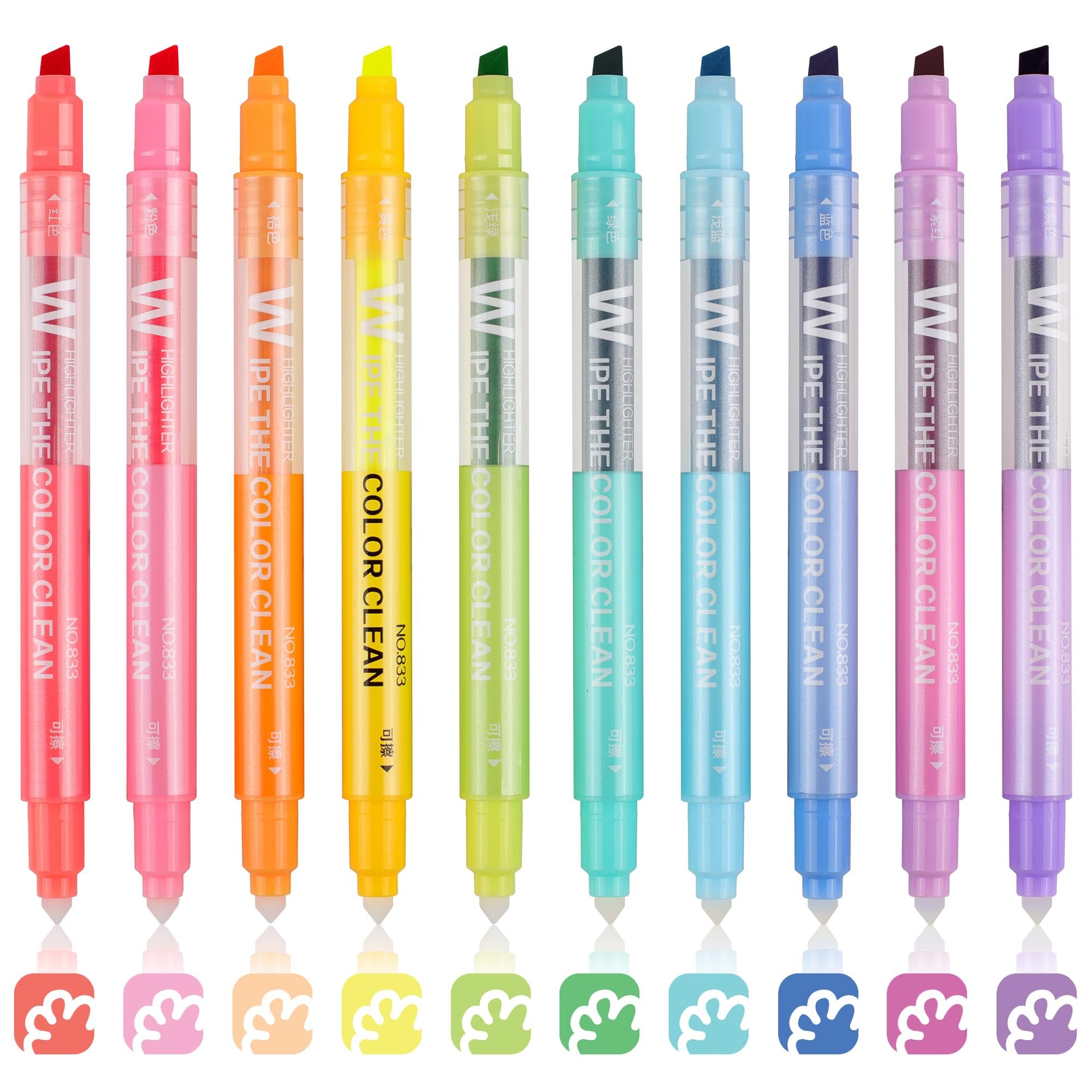 HANKU Erasable Highlighters, Dual Tip 10 Pack Highlighters Assorted Colors Erasable, Smooth Writing Book Journaling No Bleeding Highlighter Pens for Bible Journal Planner - Product Image