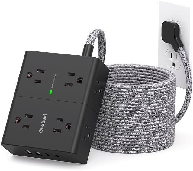 Surge Protector Power Strip 25 Ft Cord, Ultra Thin Flat Extension Cord with 8 Outlets 4 USB Ports(2 USB C), Flat Plug Power Strip, 25 Ft Long Braided Power Cord for College Dorm Room Essentials-BK - Product Image