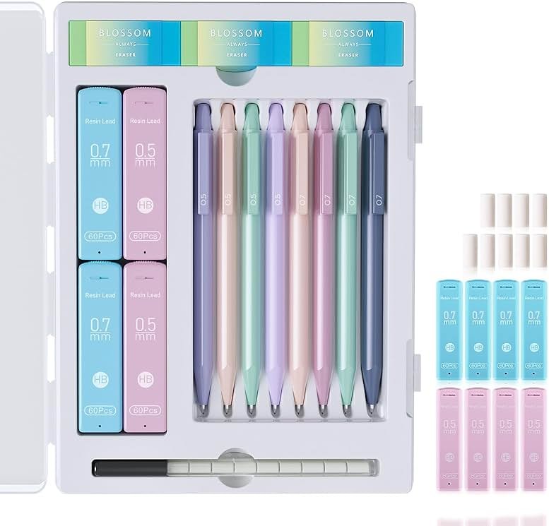 Ponditni 20PACK Mechanical Pencil, 8Pcs 0.5 0.7mm Mechanical Pencils Set With Eraser and 480 Pcs Refills, Cute Colored Preppy School Supplies Gift for Girls Writing - Come With Custom Case - Product Image