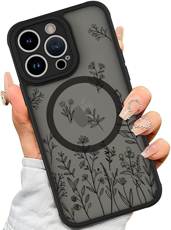 AIGOMARA Magnetic Case for iPhone 14 Pro [Compatible with MagSafe] Cute Black Flower Floral for Women Girls Soft TPU Bumper Hard PC Back Anti-Fall Shockproof Protective Slim Cover - Product Image