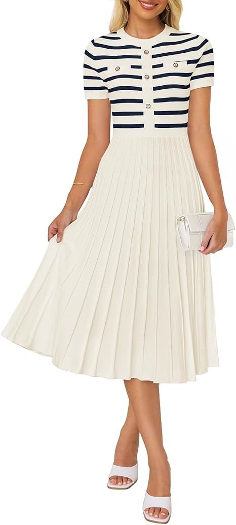 ZESICA Women's 2026 Casual Striped Midi Dress Crewneck Short Sleeve Button Ribbed Knit Swing Pleated A Line Dresses - Product Image