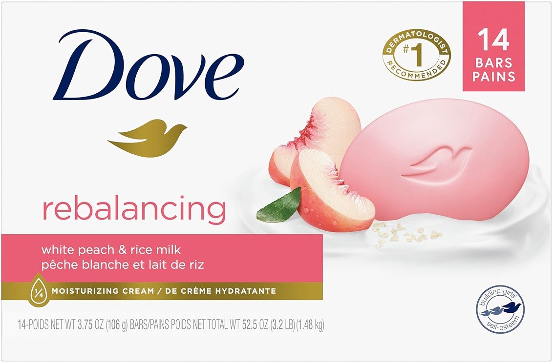 Dove Beauty Bar Soap Rebalancing White Peach & Rice Milk, 14 Count for a Nourished and Moisturized Skin, with ¼ Moisturizing Cream Plant-Based Formula, 3.75 oz - Product Image
