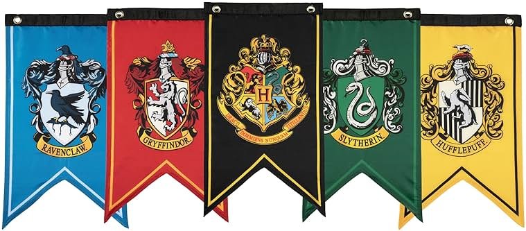 Conquest Journals Harry Potter Wizarding House Banner Flag Set, 12'' x 20'' Polyester Flags, Set of 5 Includes Hogwarts Crest, Gryffindor, Slytherin, Ravenclaw & Hufflepuff Banners, Birthday Party - Product Image