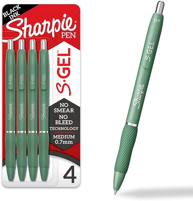 Sharpie S-Gel Gel Pens, Green Barrel, Black Ink, Medium Point (0.7mm), 4 Count - For Home, Office, College, Journaling, Drawing, Note-Taking, Writing - Product Image